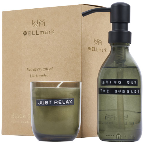 Wellmark Discovery 200 ml hand soap dispenser and 150 g scented candle set - dark amber fragrance [126311]